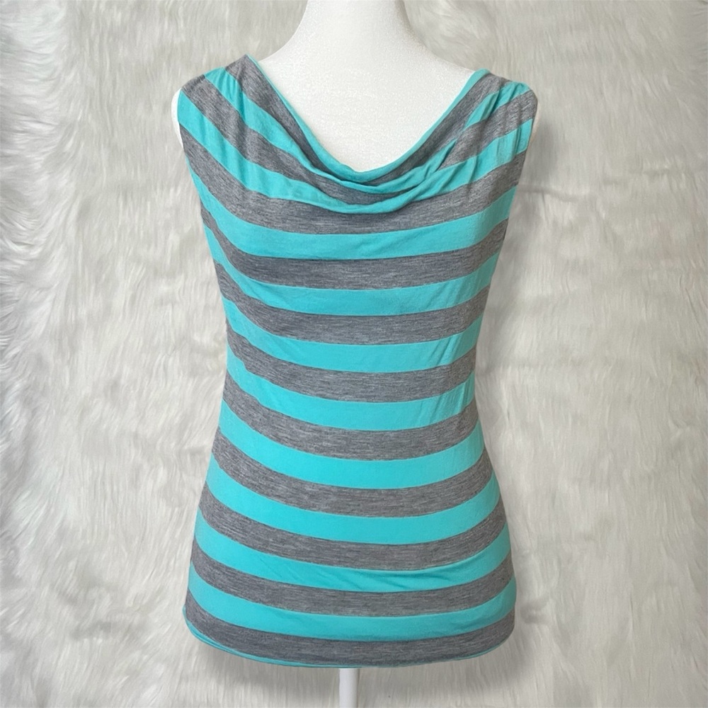 Aqua Blue & Gray Striped Cowl Neck Top with Lace Back Detail